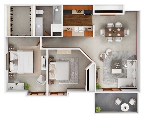A top-down view of a house layout with multiple rooms and furniture.